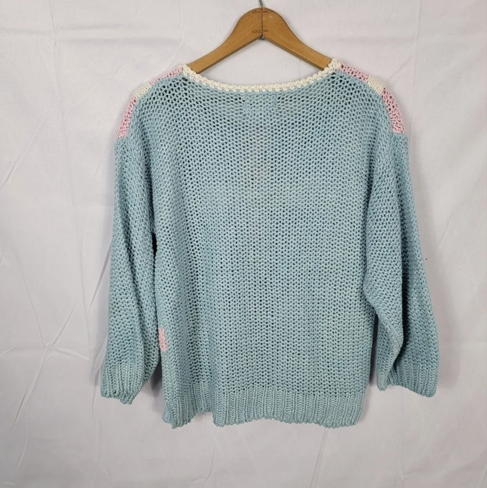 Womens Medium Cozy Blue and Pink Plaid Knit Sweater
